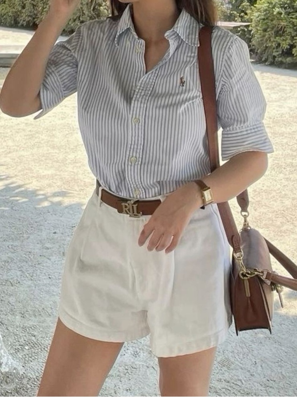 🐎 Ralph Lauren Striped Cotton Button Down Short Sleeve Slim Fit ~ Blue & White
